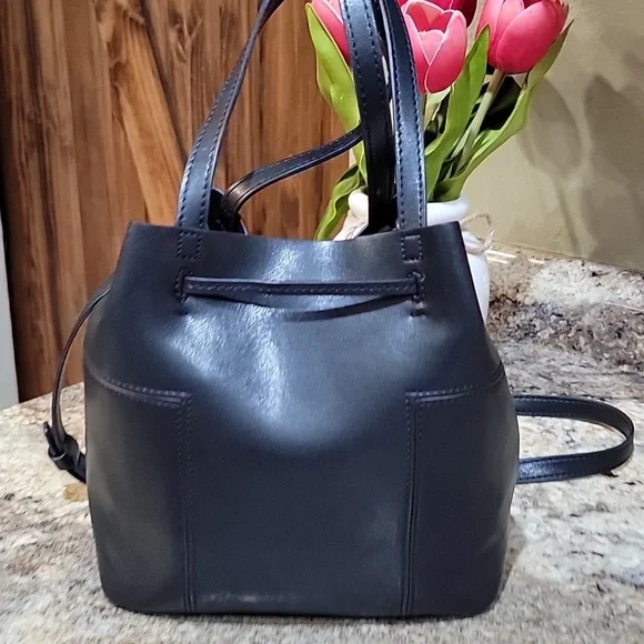 Tory Burch EUC Mini Drawstring Bucket Bag Purse Black Leather - Picture 6 of 8